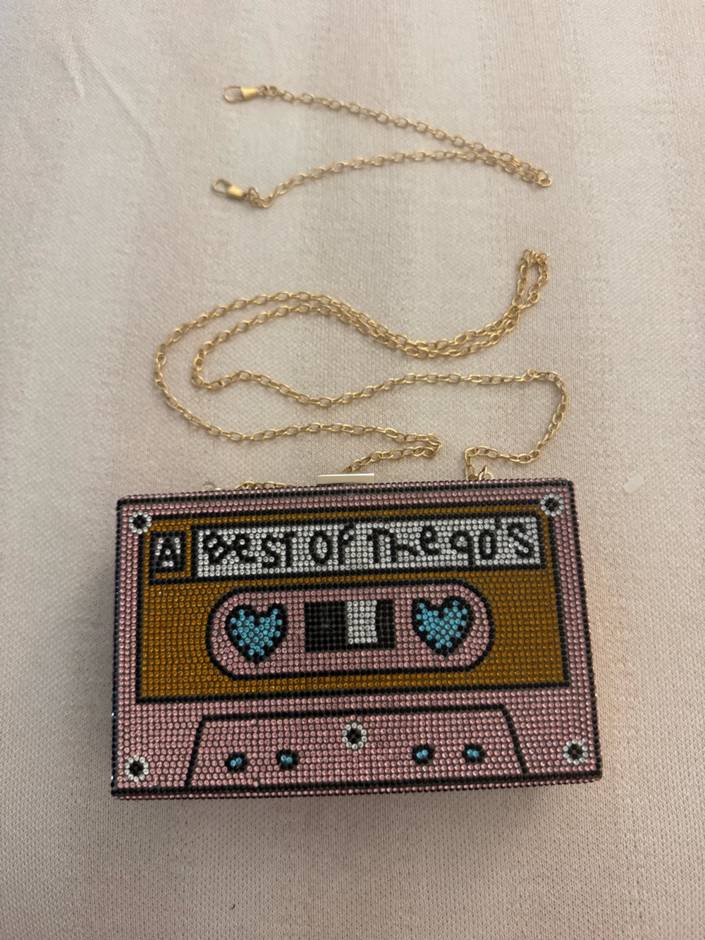 Beaded Cassette Tape Statement Crossbody with Gold Chain
